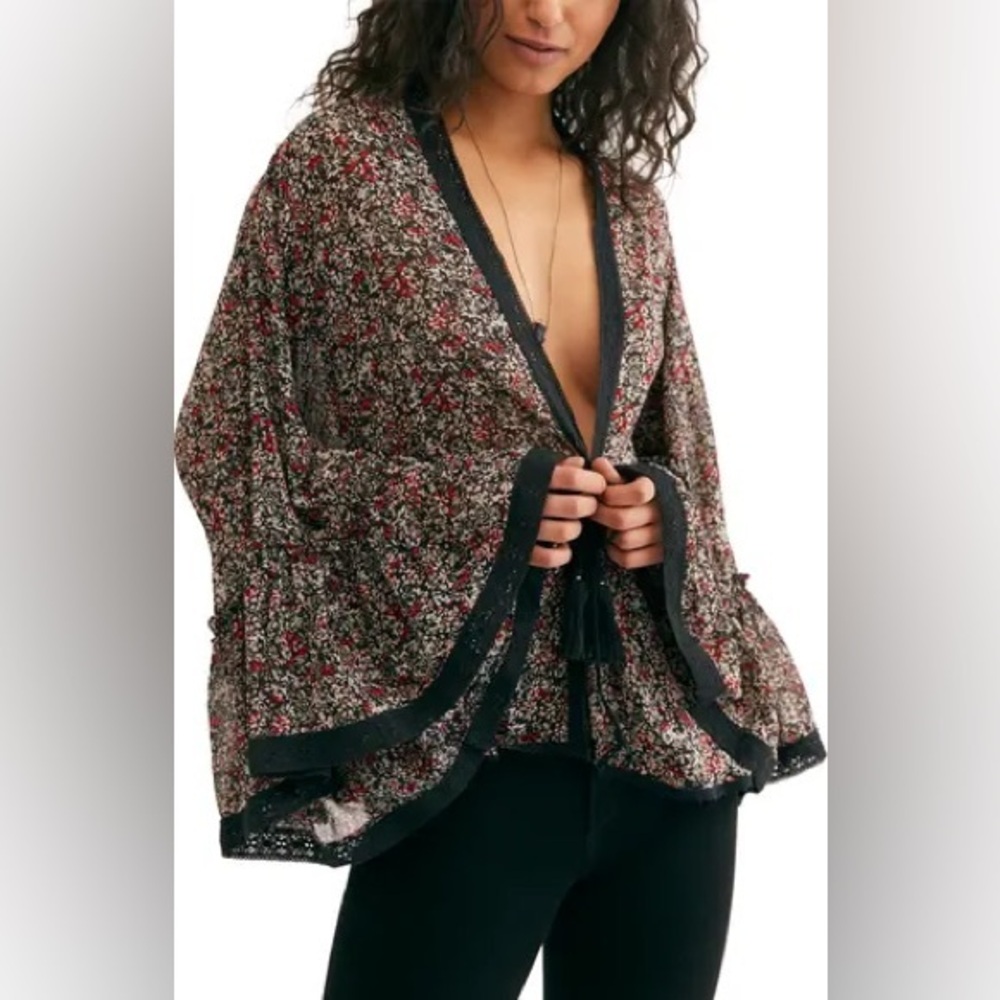 Free People Black Floral Tie-Front Kimono Blouse